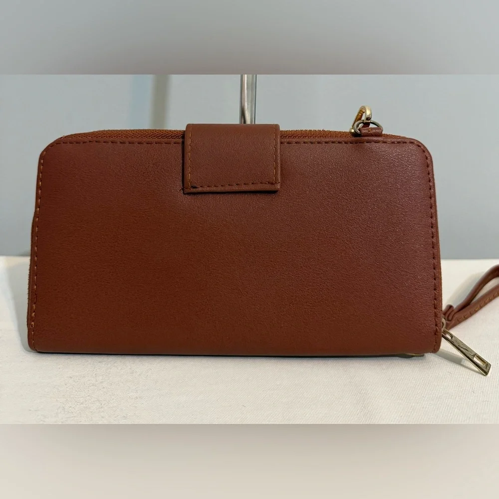 Brown Bow-Accent Wristlet Wallet Small Purse with Gold Chain